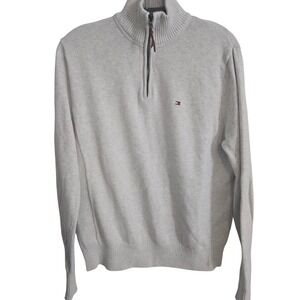 Tommy Hilfiger Quarter Zip Sweater Men's Medium Gray Ribbed Knit Logo Classic